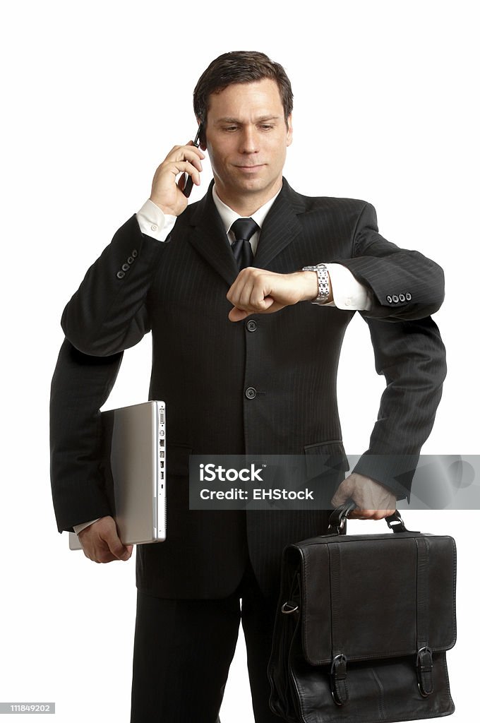 Multi-Tasker Businessman Redux four Arms Cellphone Laptop Briefcase on White 30-34 Years Stock Photo