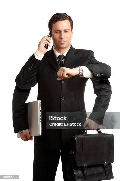 Multitasker Businessman Redux Four Arms Cellphone Laptop Briefcase On White Stock Photo - Download Image Now