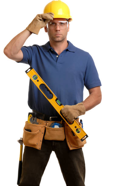 istock Carpenter Contractor Man Wearing Gogles Toolbelt Hardhat Isolated on White 111850720