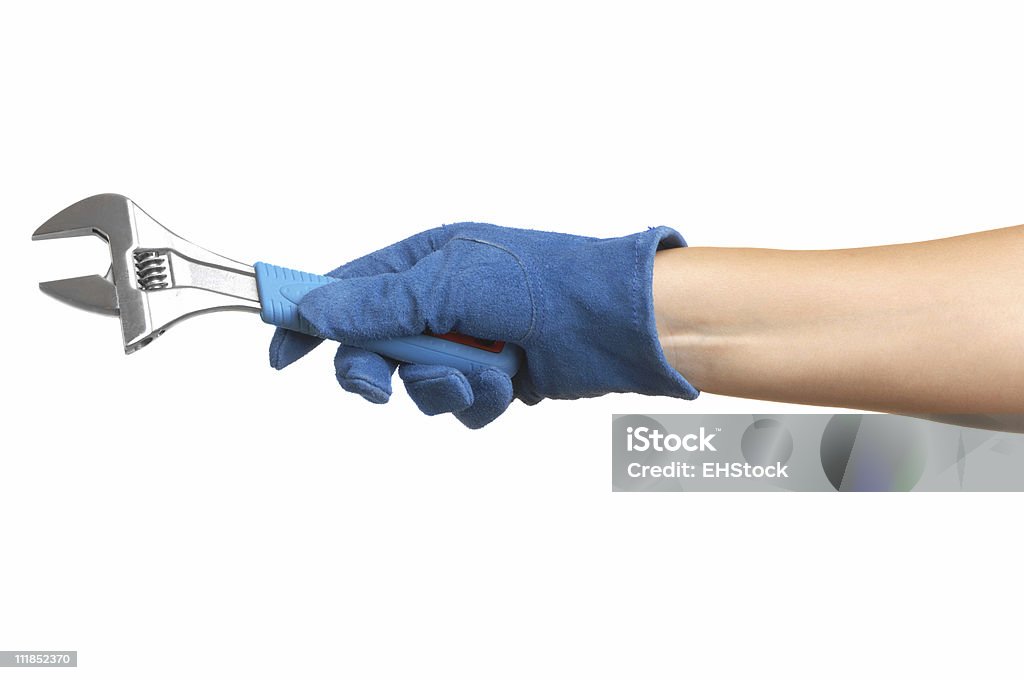 Frau Arm Hand Holding Verstellbarer Schraubenschlüssel, isoliert auf weißem Hintergrund - Lizenzfrei Arbeiter Stock-Foto