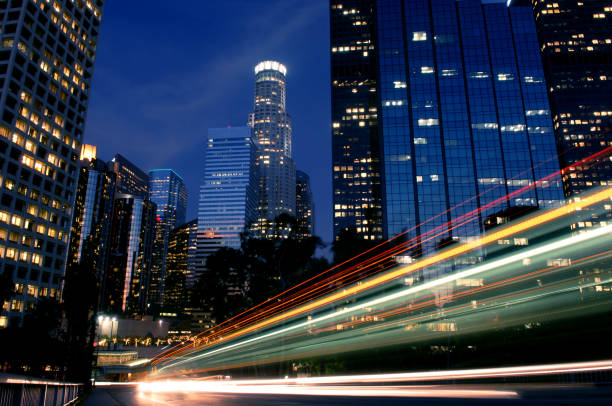 Los Angeles financial district at Night with Citigroup Center, US Bank Tower (Library Tower), Wells Fargo Center and other financial institutions in background