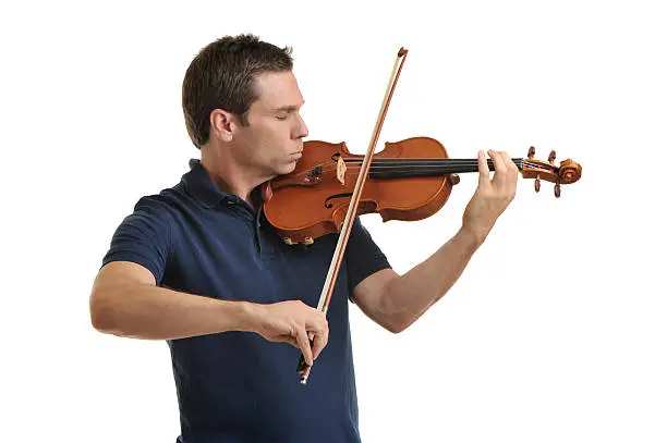 Man with Eyes Closed Playing Violin Isolated on White Background