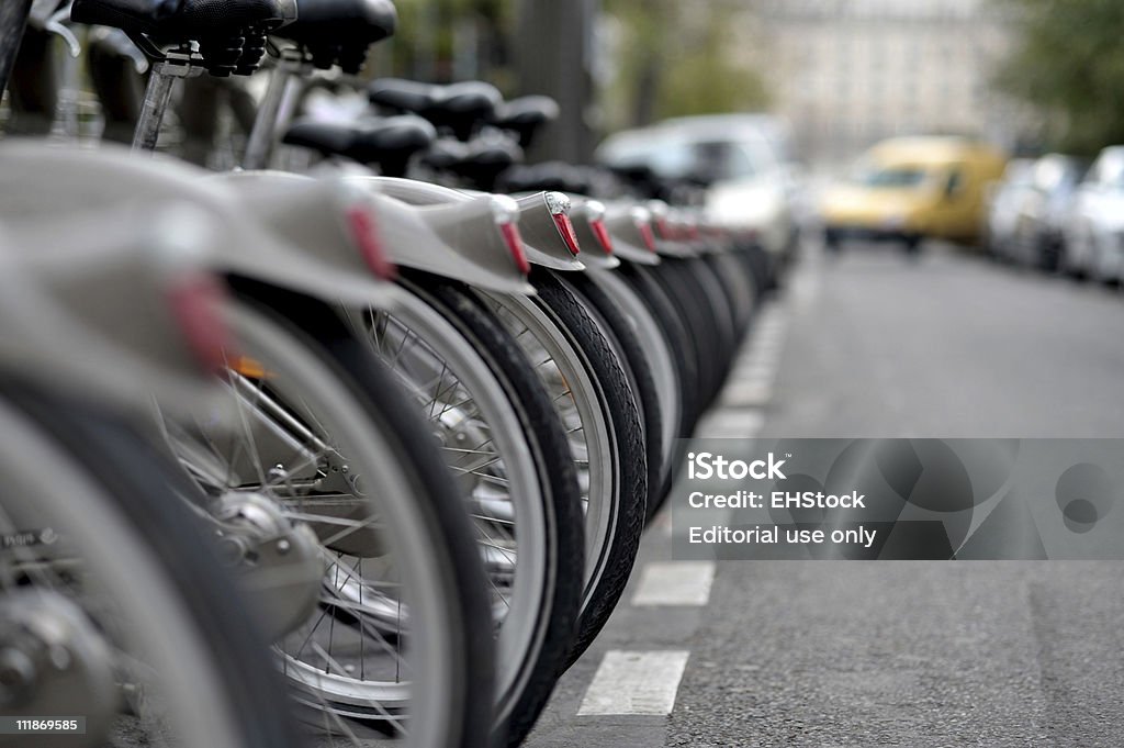 Velib Rental Bicycles Lined up in Paris France Rental Bikes Bicycle Stock Photo