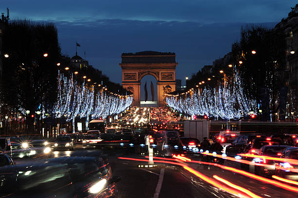 Arc de Triomphe and Christmas Illuminations on Champs Elysees, Paris in France