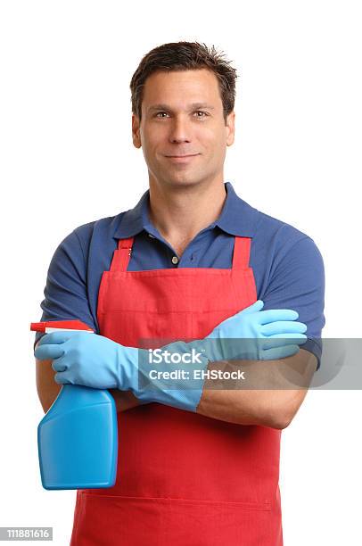 Feliz Dono De Casa Isolado Em Fundo Branco - Fotografias de stock e mais imagens de Limpar - Limpar, Homens, Fundo Branco