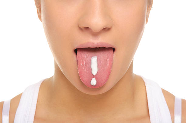istock Woman puts out tongue with drawn exclamation mark 111894843