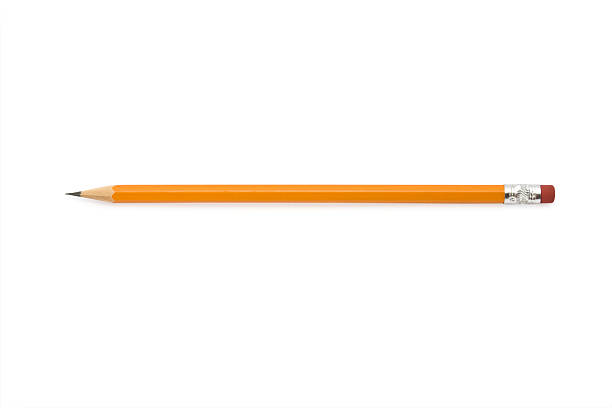 Close-up of an orange sharpened pencil with eraser Pencil isolated on pure white background pencil stock pictures, royalty-free photos & images