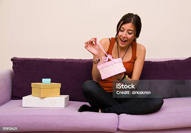 Beautiful Young Female Opening Gift Box Stock Photo - Download Image Now - Adult, Beautiful People, Box - Container