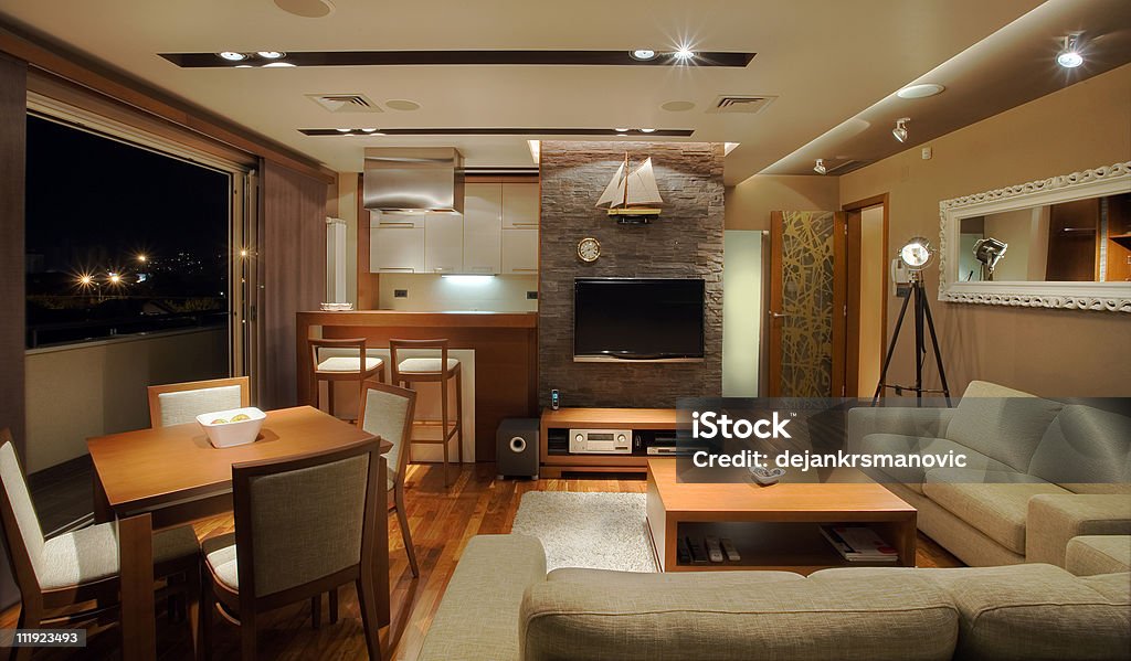 Apartment Interior Modern interior of an apartment with handmade furniture and lighting equipment. Apartment Stock Photo