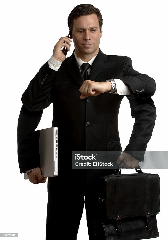Multi-Tasker Businessman Cellphone Laptop Computer Briefcase Isolated on White Background Multi-tasking Businessman Salesman Stock Photo
