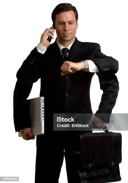Multitasker Businessman Cellphone Laptop Computer Briefcase Isolated On White Background Stock Photo - Download Image Now