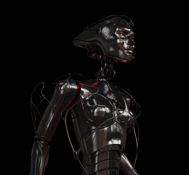 istock Stylish cyber girl on black 111930569