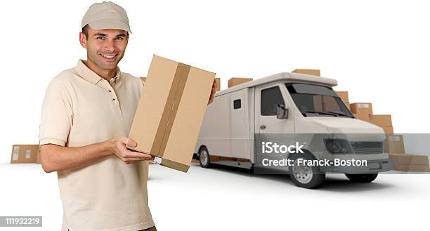 Messenger And White Van Stock Photo - Download Image Now - Adult, Box - Container, Cardboard