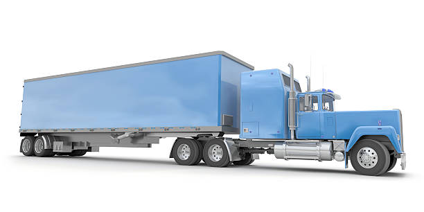 istock Lateral view of a big blue trailer truck 111933621