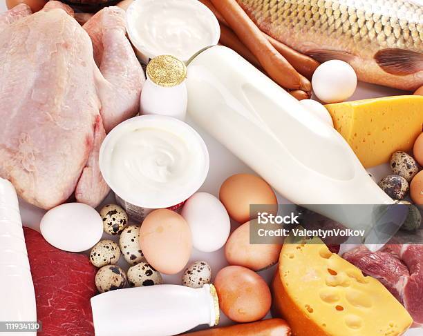 Fresh Meat And Dairy Products Stock Photo - Download Image Now - Egg - Food, Meat, Milk