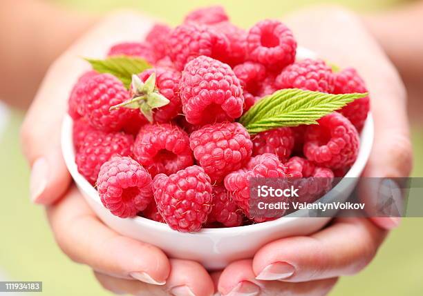 Crockery With Raspberries In Woman Hands Stock Photo - Download Image Now - Adult, Backgrounds, Berry Fruit