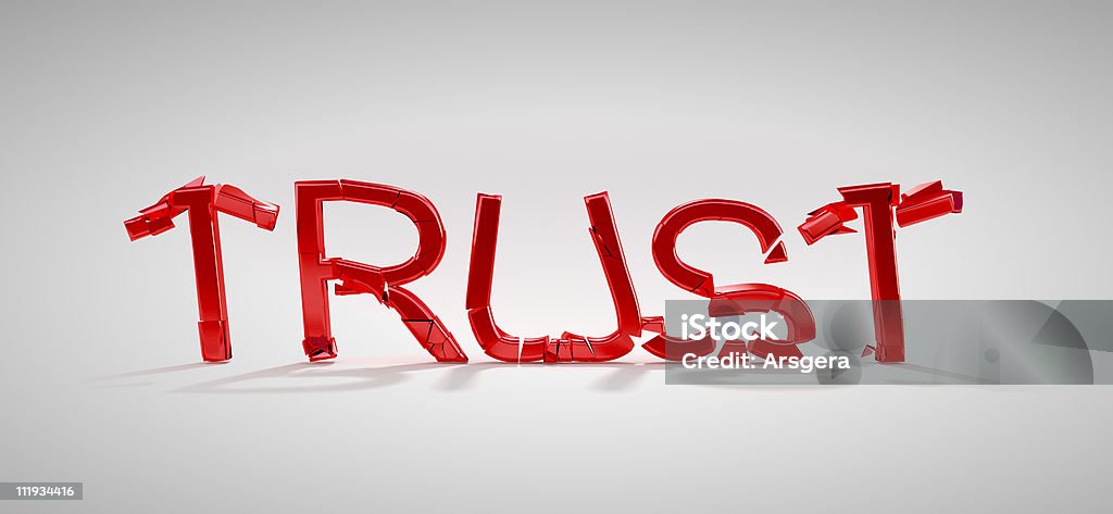 Red Trust word destruction Red Trust word destruction over grey Trust Stock Photo
