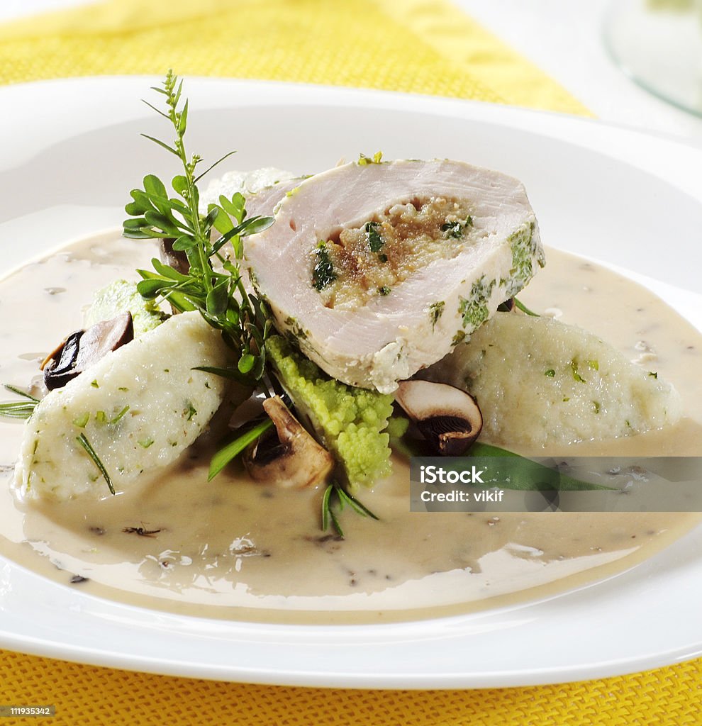 Chicken roll and dumplings in mushroom sauce  Chicken Meat Stock Photo