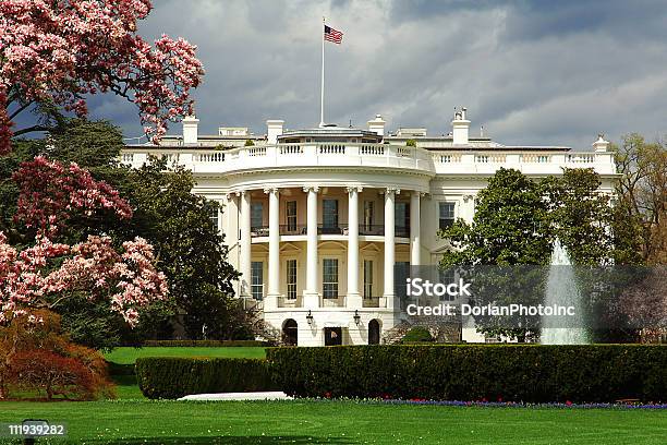 Foto de Sul Da Fachada Da Casa Branca Com Flores De Cerejeira e mais fotos de stock de Casa Branca - Washington DC