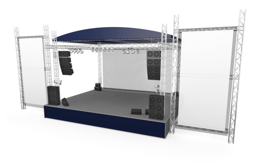 Outdoor stage with large vertical banners. 3D rendered image.