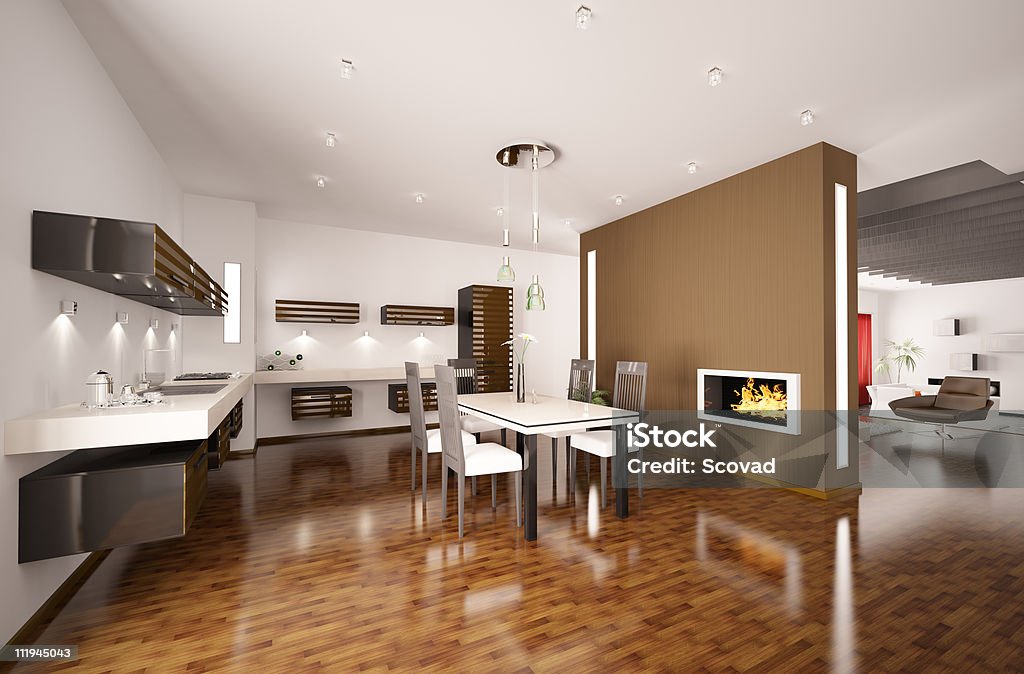 Cozinha moderna 3d render com lareira - Foto de stock de Lareira royalty-free