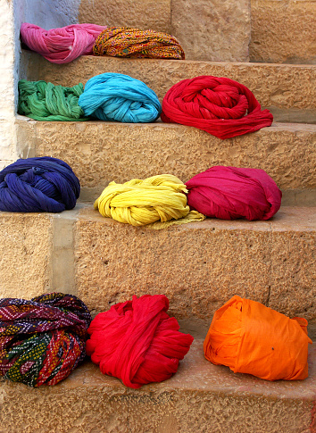 Turbans placed on the stairs of a shop in Jaisalmer,the \