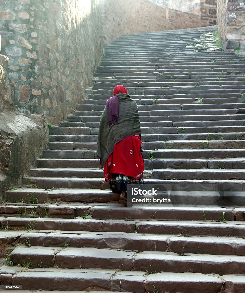 Indian lady clibing las escaleras para Ranthambore Fort, Rajastán de India - Foto de stock de Actividad libre de derechos