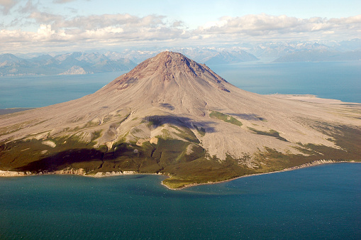 Aerial view of Augustine volcano,an island volcano of the Aleutian Range and Cook Inlet,Alaska,USA.