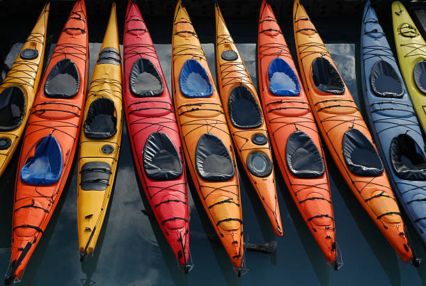 Colorful canoes waiting for tourists.
