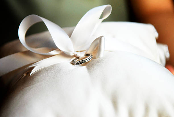 Close up of a brides hand on her lap. Wedding ring