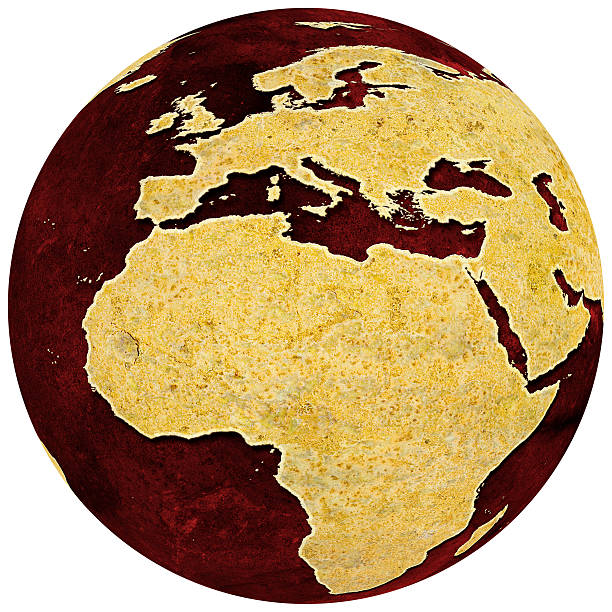 istock Rusty globe on red grungey background Africa and Europe 111949786