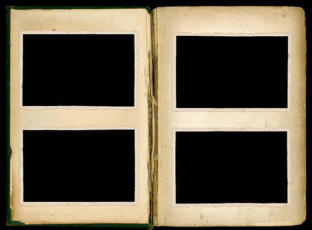 istock Open old book with stressed binding and four photos 111950137