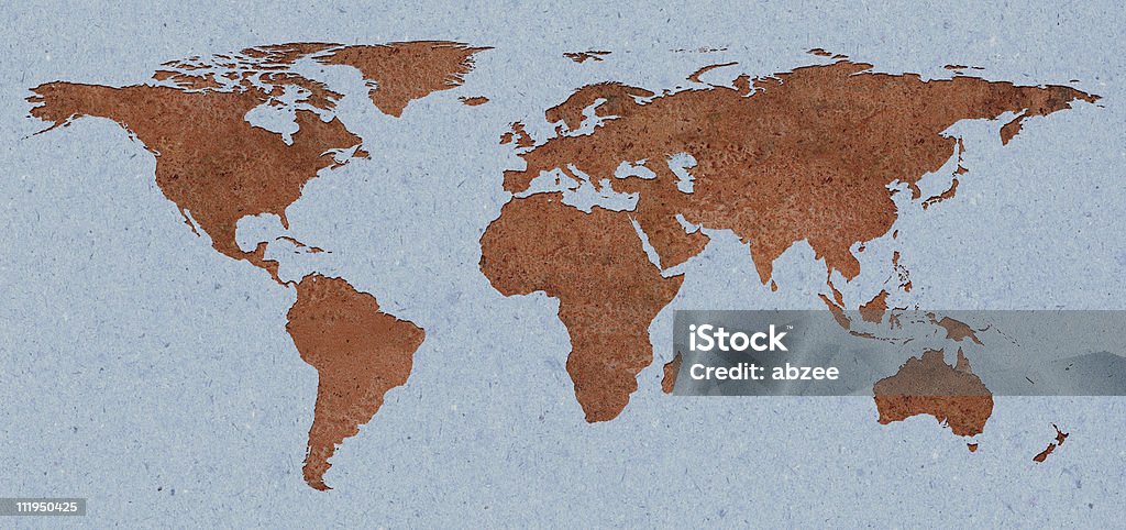 Rusty mapa mundial empotrado en azul papel - Foto de stock de Asia libre de derechos