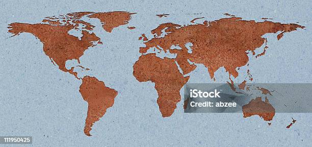 Rusty Mapa Mundial Empotrado En Azul Papel Foto de stock y más banco de imágenes de Asia - Asia, Australia, Azul