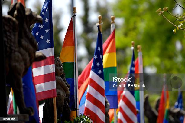 Rainbow Y American Flags Foto de stock y más banco de imágenes de Bandera - Bandera, Bandera del Orgullo, Bandera estadounidense