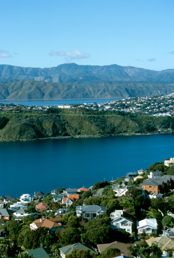 Scenic Panoramic skyline of Wellington downtown harbor and financial center in New Zealand.