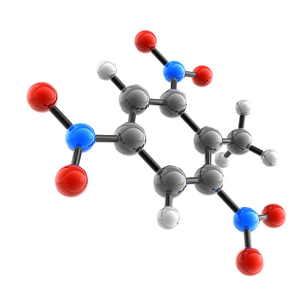 Glossy Molecule Molecule of Trinitrotoluene. Isolated on white. 3D Render. molecular structure stock pictures, royalty-free photos & images