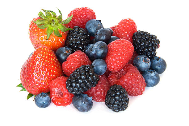 istock Mixed berries - strawberries, raspberries, blackberries and  blueberries on white 111962090