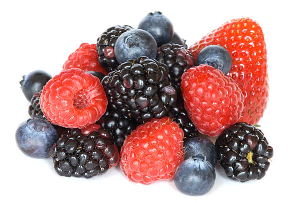 istock Mixed berries - strawberries, raspberries, blackberries and  blueberries on white 111962117