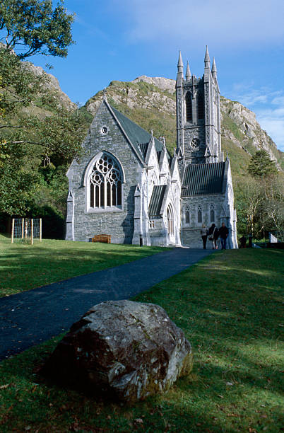 Wide angle shot of a gothic chapel near Kylemore Abbey  kylemore abbey stock pictures, royalty-free photos & images