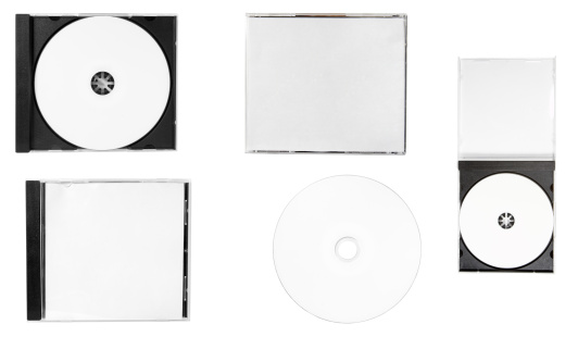 disc close up.blank disc, front cover, back cover, inlay, open case on white background.each one is in full camera resolution.