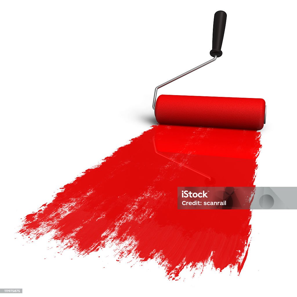 Brosse à rouleau rouge avec sentier de peinture - Photo de Rouleau à peinture libre de droits