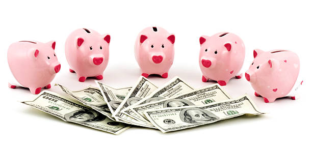 istock Cute Piggy Banks with Money 111979089
