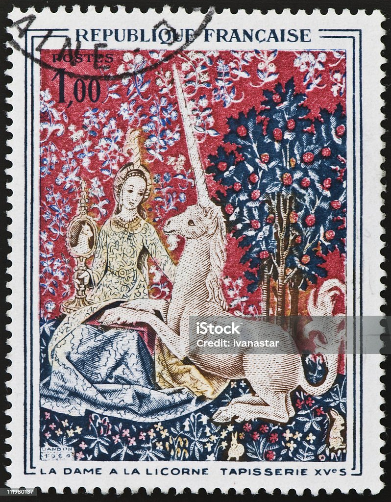 Lady and the Unicorn Postage Stamp  Unicorn Stock Photo