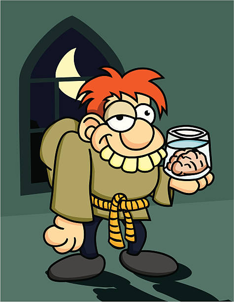 Igor with Brains A goofy looking hunchbacked Igor holding a jar with a brain in it in front of a moonlit window. brain jar stock illustrations