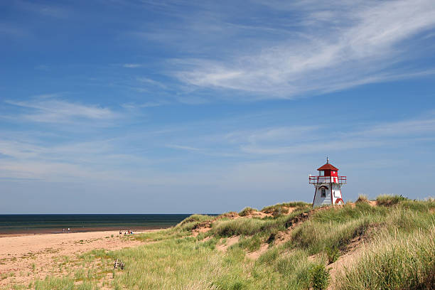The red and white Dalvay Lighthouse in Prince Edward Island Lighthouse at Dalvay, in Cavendish National Park, on the north side of Prince Edward Island, Canada. cavendish beach stock pictures, royalty-free photos & images