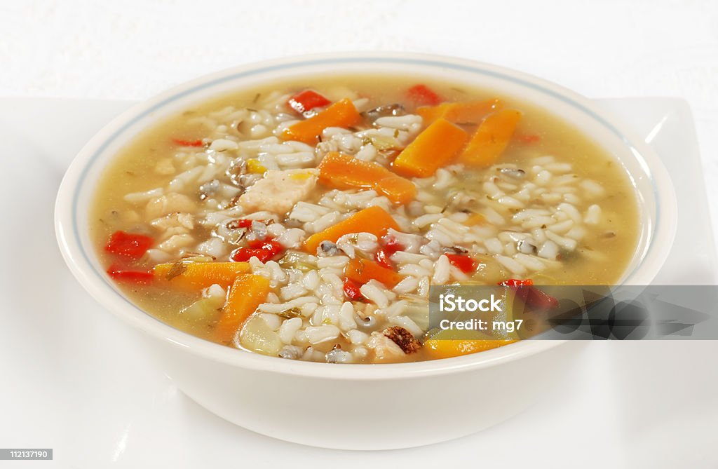 bowl of chicken and wild rice soup with vegetables  Appetizer Stock Photo