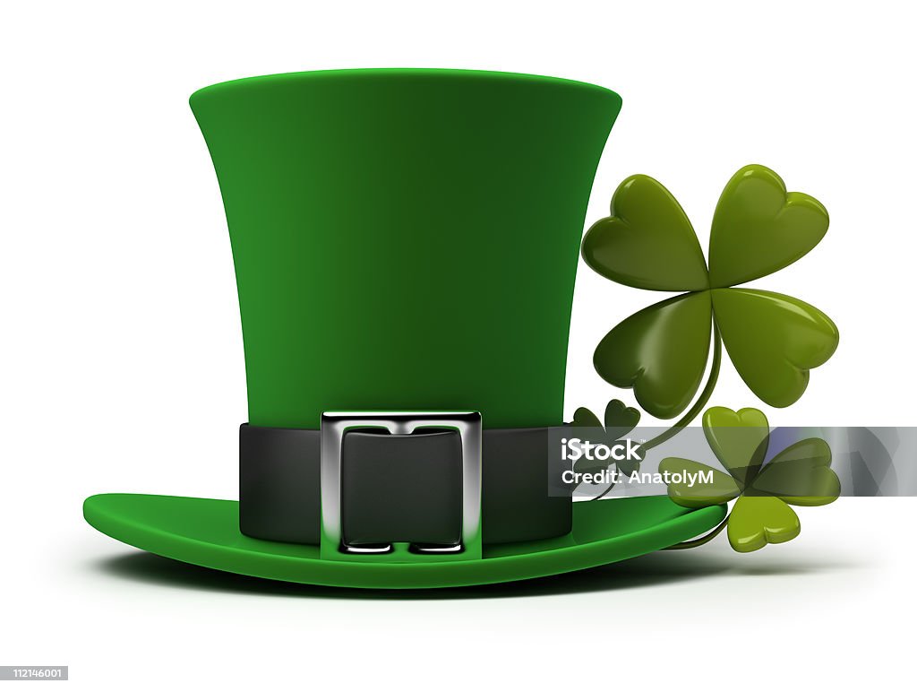 Green St. Patrick's day hat and four leaf clovers St. Patrick's hat with four-leaf clover. 3d image. Isolated white background. Leprechaun Stock Photo