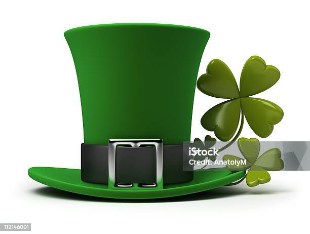 Green St Patricks Day Hat And Four Leaf Clovers Stock Photo - Download Image Now - Leprechaun, Hat, Clover