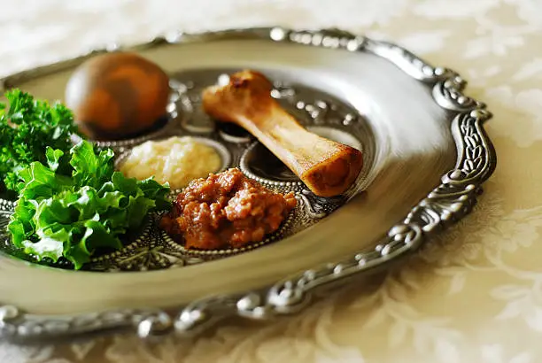 Traditional symbols on a seder plate for the Jewish festival of Passover. 